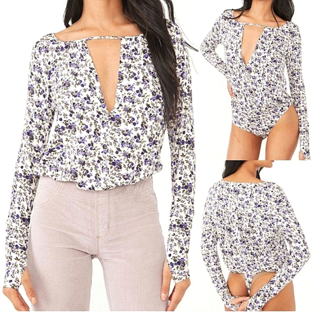 Free People Intimately Kaya Bodysuit Ivory Violet Floral Combo Print Size XS